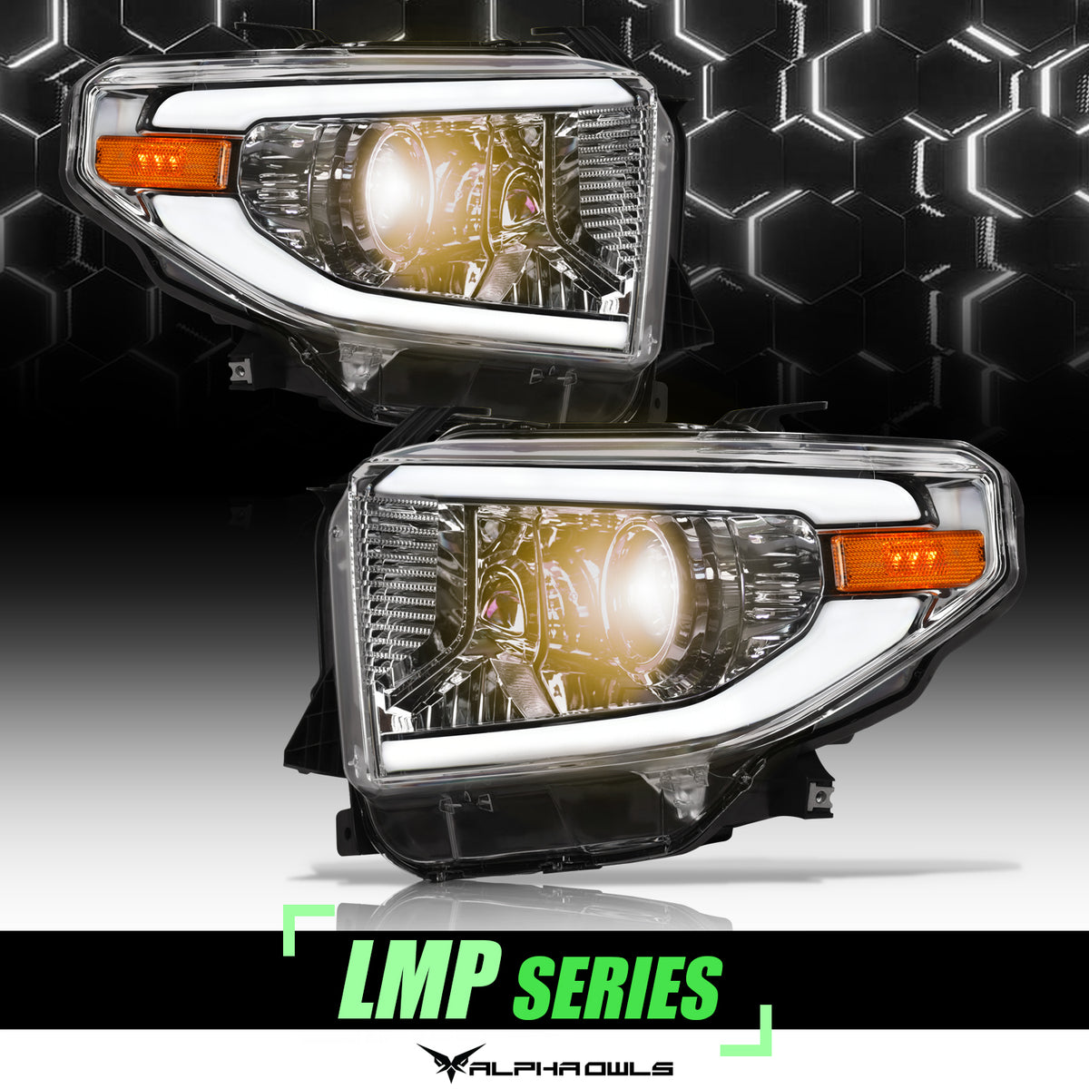 Alpha Owls 2014-2021 Toyota Tundra LMP Series Headlights (Halogen Projector Black Housing W/ LumenX Light Bar)