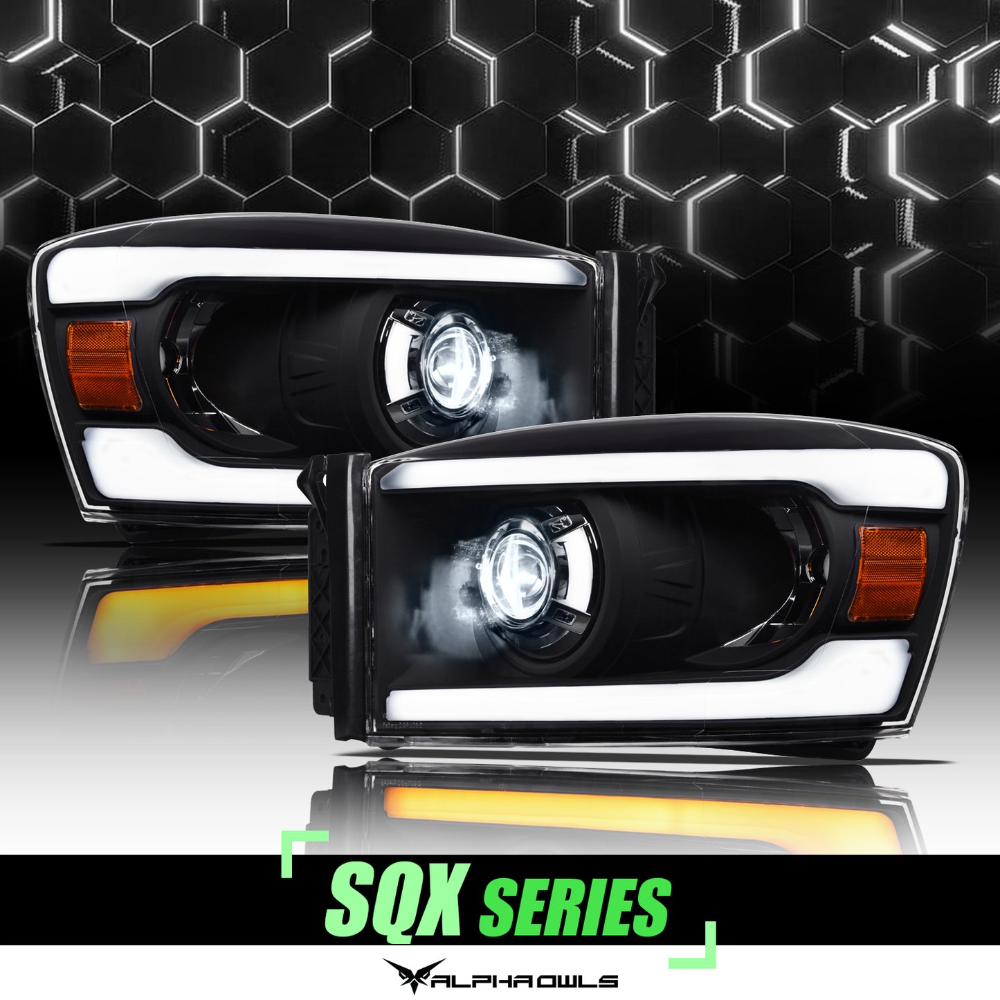 Alpha Owls 2006-2008 Dodge Ram SQX Series LED Projector Headlights (LED Projector Black Housing W/ Sequential Signal/LumenX Light Bar)