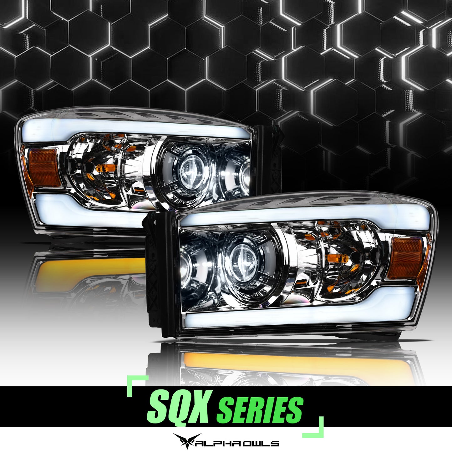 Alpha Owls 2006-2008 Dodge Ram SQX Series LED Projector Headlights (LED Projector Chrome Housing W/ Sequential Signal/LumenX Light Bar)