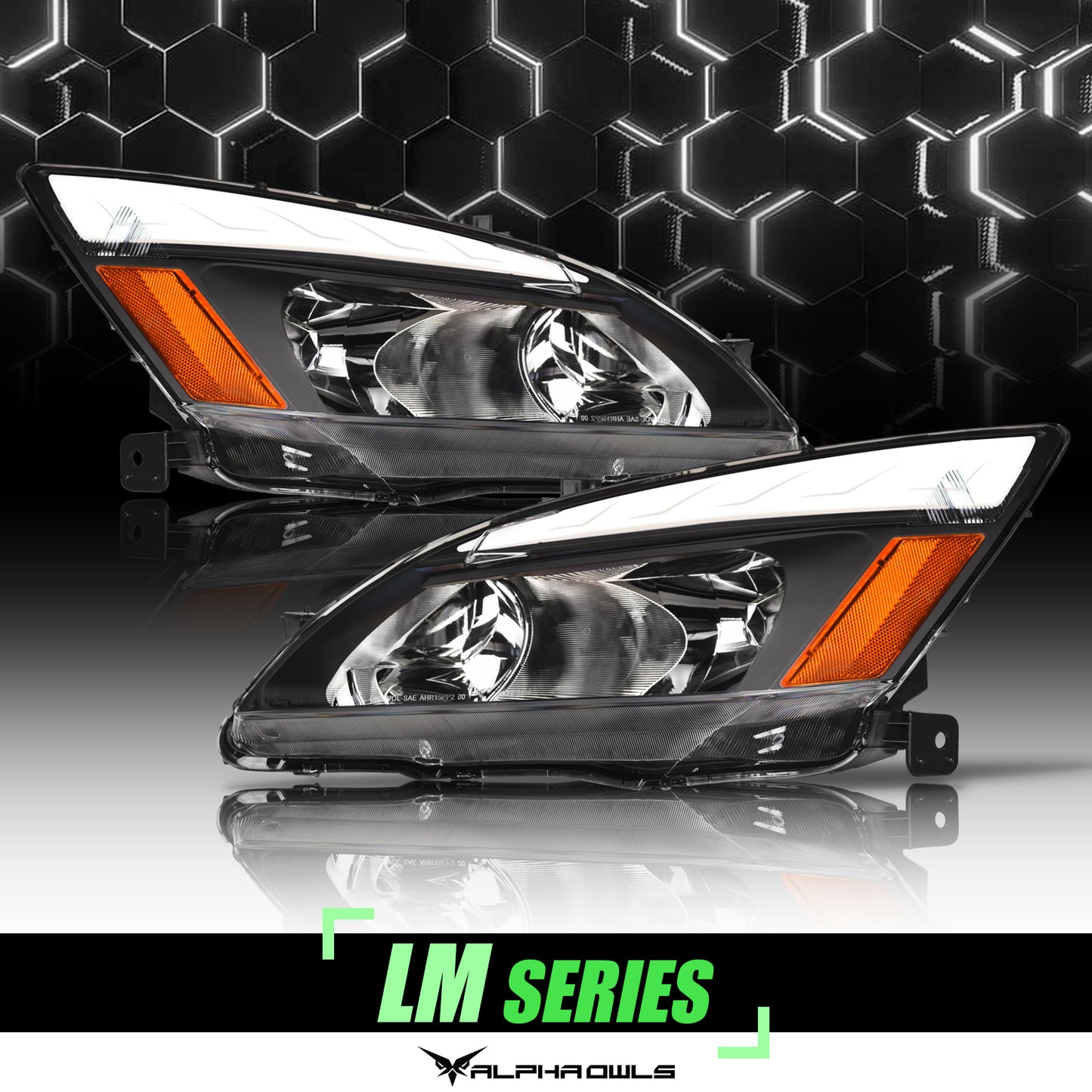 Alpha Owls 2003-2007 Honda Accord LM Series Headlights (Crystal Headlights Black Housing W/ LumenX Light Bar)