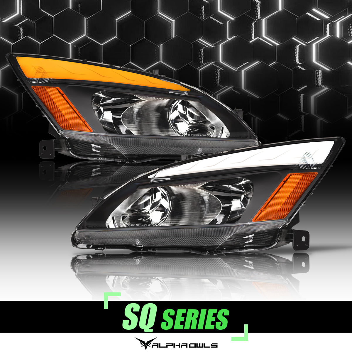 Alpha Owls 2003-2007 Honda Accord SQ Series Headlights (Crystal Headlights Black Housing W/ Sequential Signal/LumenX Light Bar)