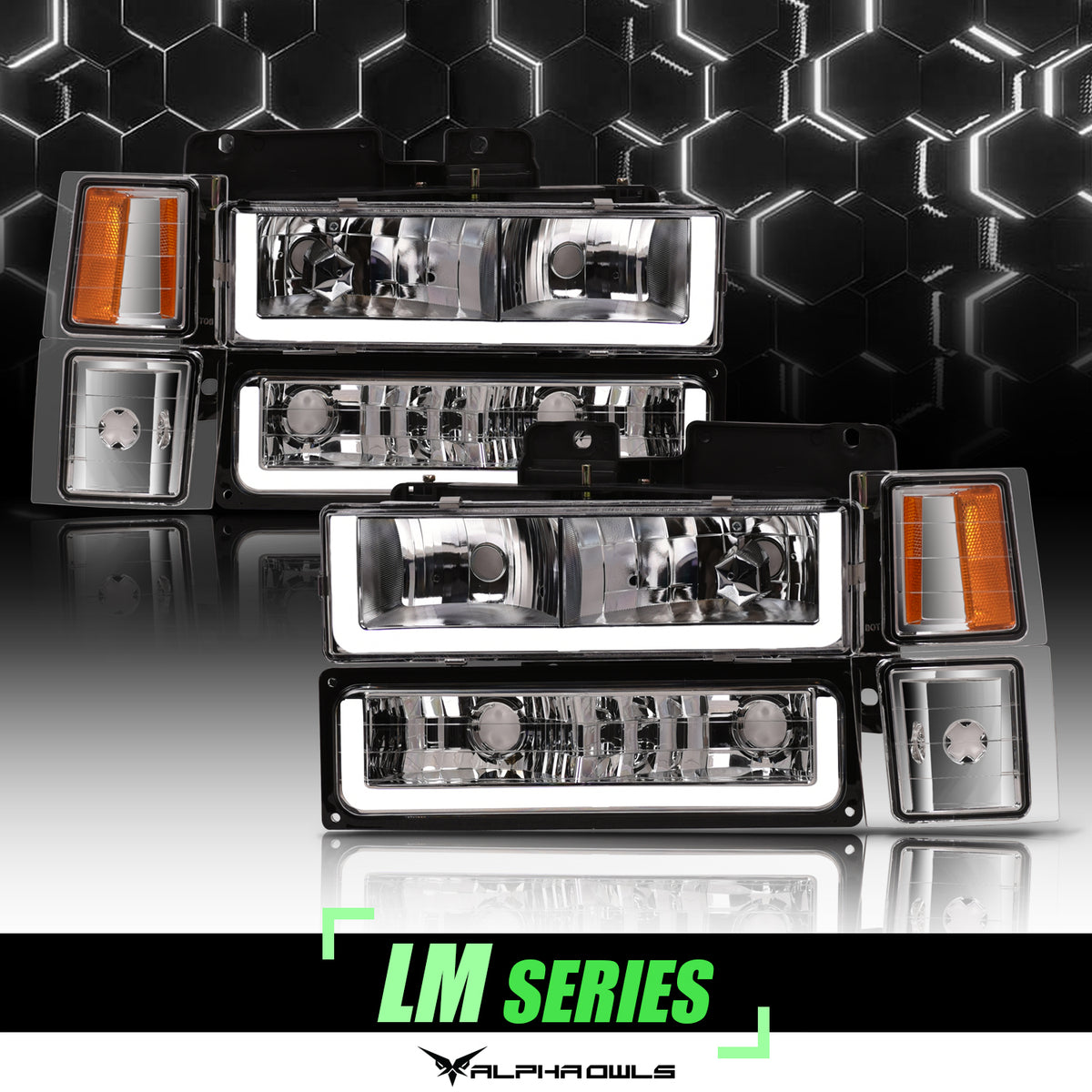 Alpha Owls 1994-1999 Chevy/GMC C/K Suburban Tahoe Series LM Series Headlights (Crystal Headlights Chrome Housing W/ LumenX Light Bar)