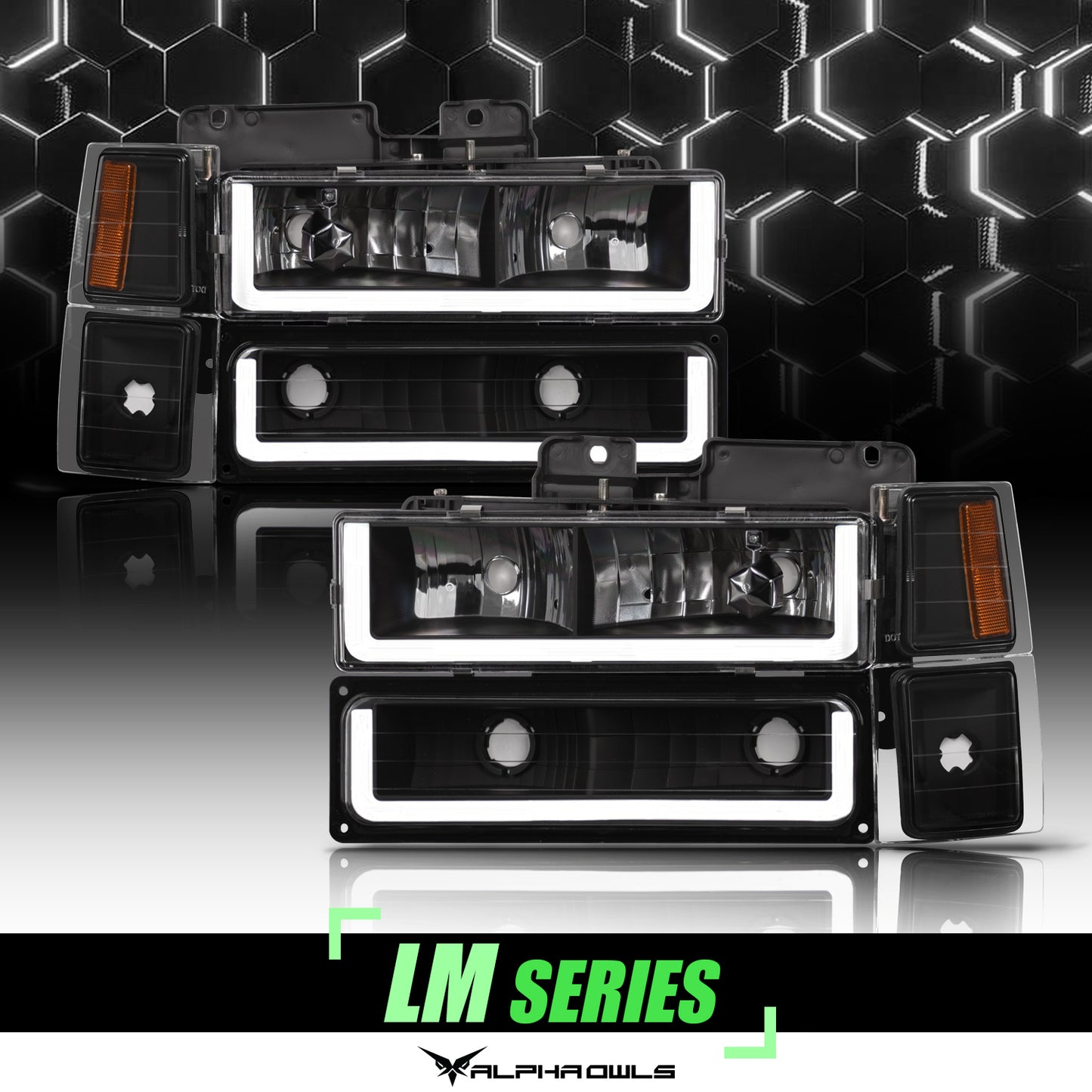 Alpha Owls 1994-1999 Chevy/GMC C/K Suburban Tahoe Series LM Series Headlights (Crystal Headlights Black Housing W/ LumenX Light Bar)
