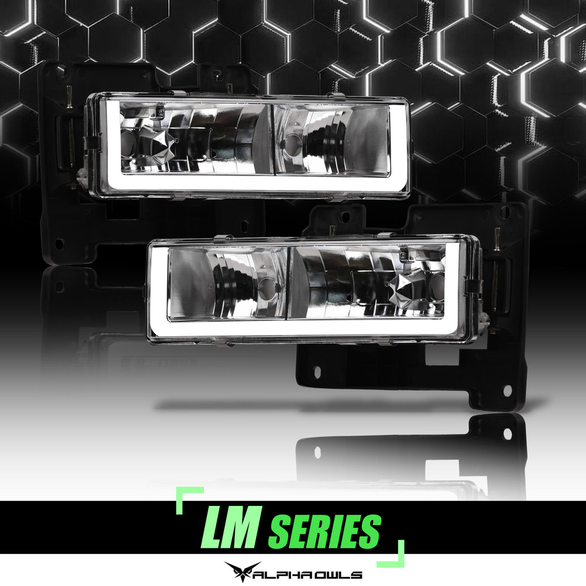 Alpha Owls 1988-1999 Chevy/GMC C/K Series  Blazer Suburban Tahoe Yukon LM Series Headlights (Crystal Headlights Chrome Housing W/ LumenX Light Bar)