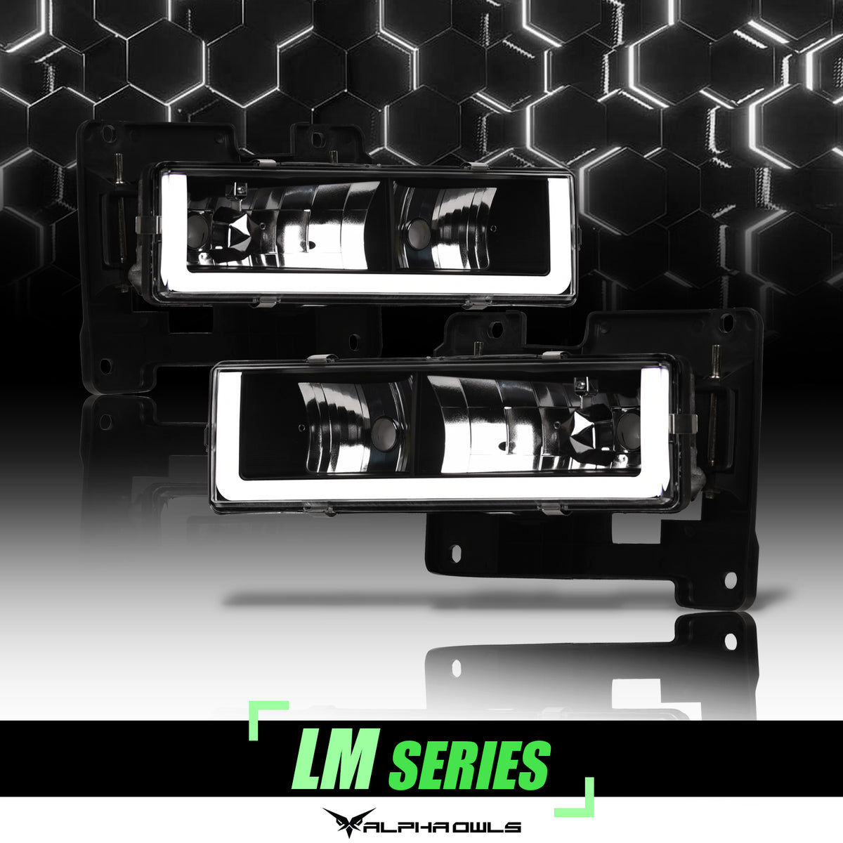 Alpha Owls 1988-1999 Chevy/GMC C/K Series Blazer Suburban Tahoe Yukon LM Series Headlights (Crystal Headlights Black Housing W/ LumenX Light Bar)