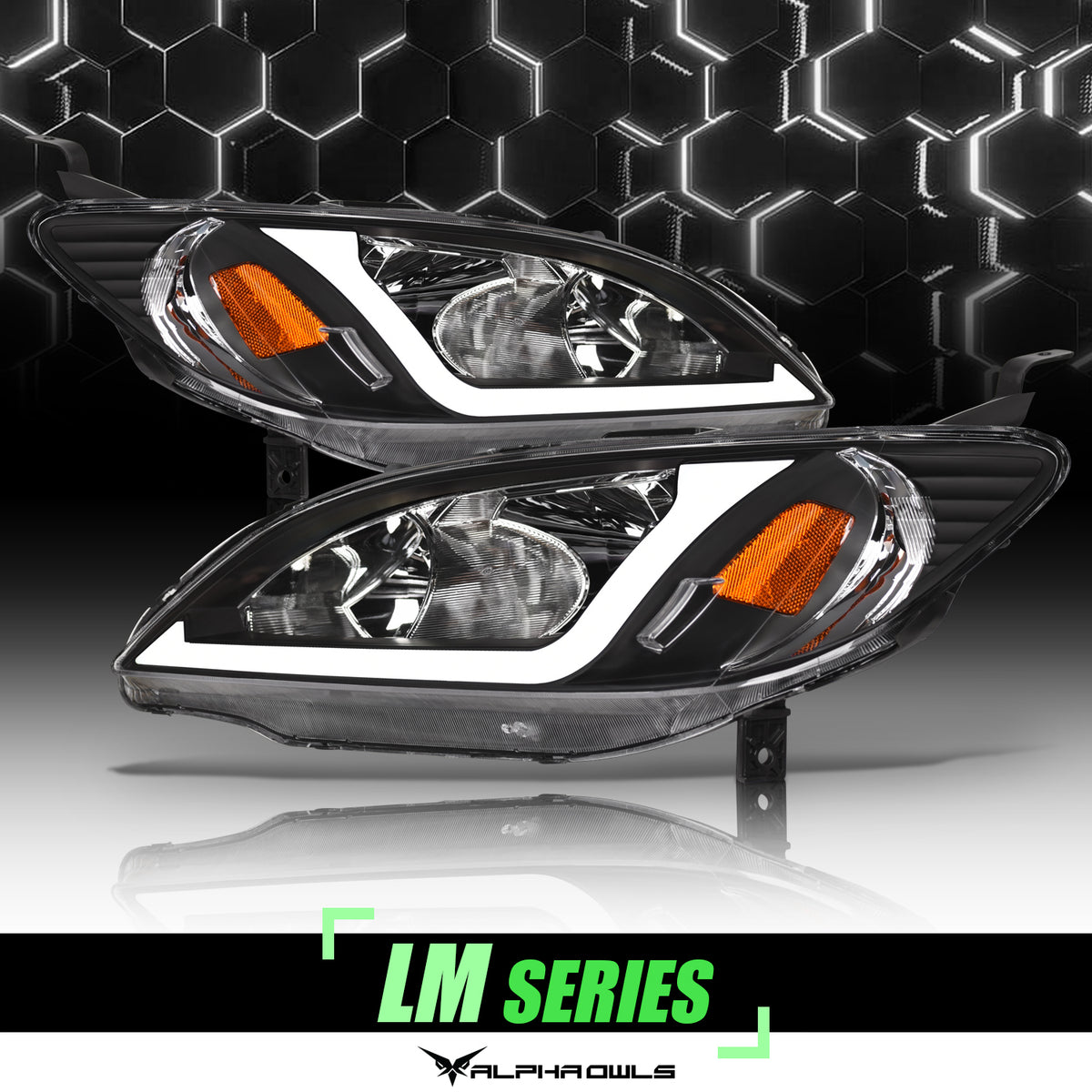 Alpha Owls 2004-2005 Honda Civic LM Series Headlights (Crystal Headlights Black Housing W/ LumenX Light Bar)