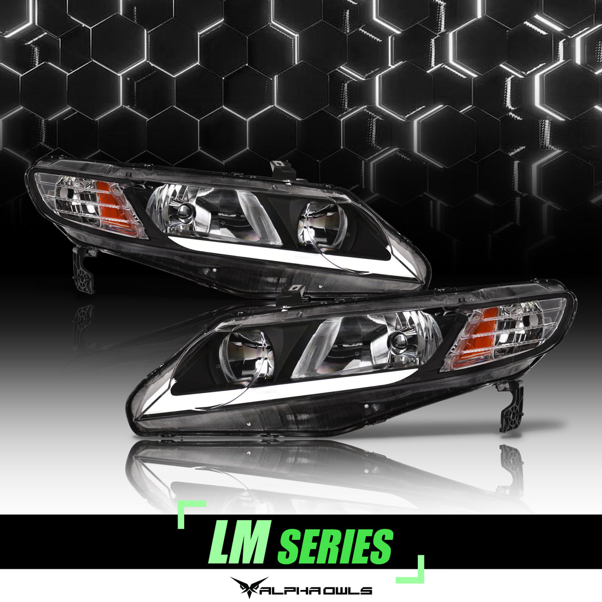 Alpha Owls 2006-2011 Honda Civic 4DR LM Series Headlights (Crystal Headlights Black Housing W/ LumenX Light Bar)