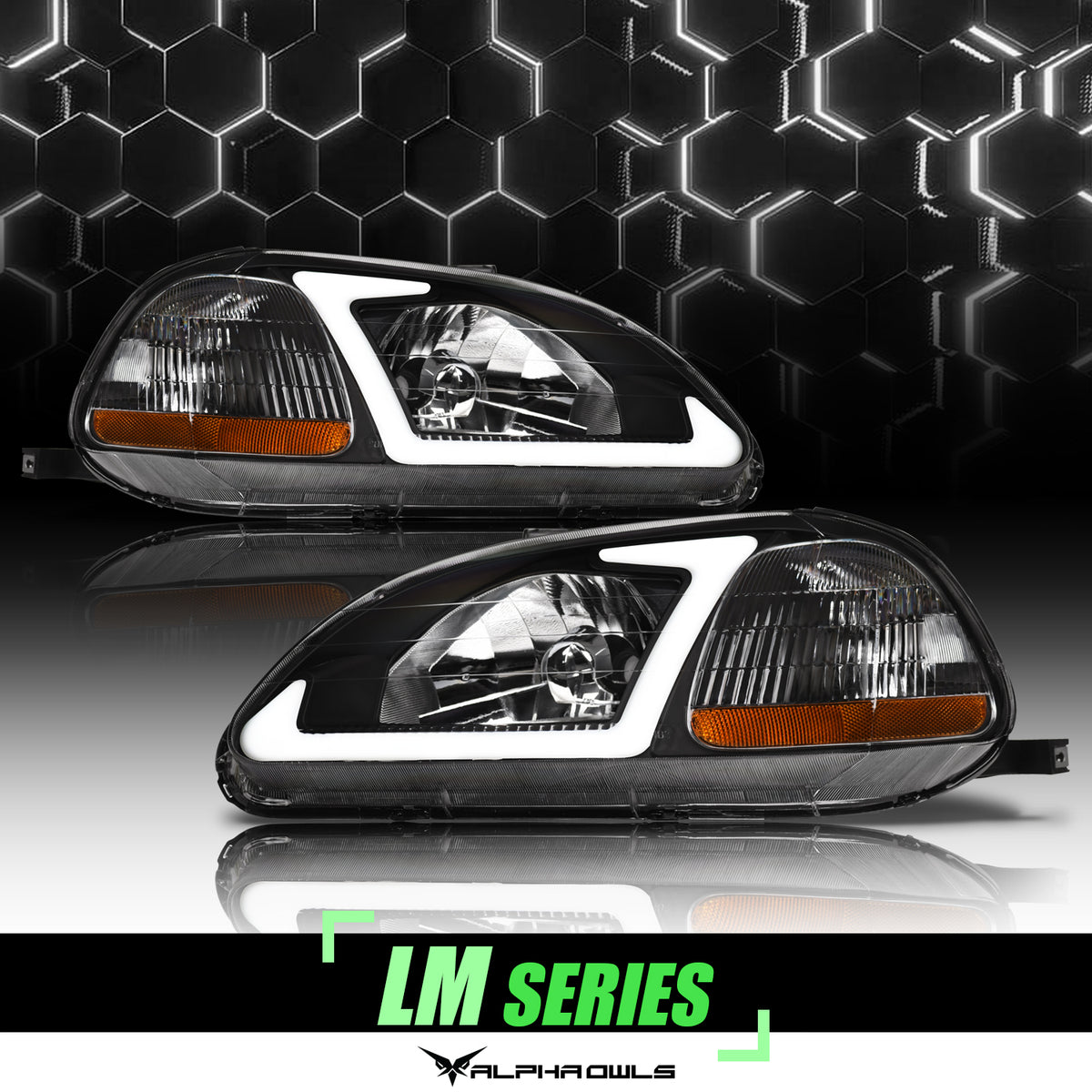 Alpha Owls 1996-1998 Honda Civic LM Series Headlights (Crystal Headlights Black Housing W/ LumenX Light Bar)