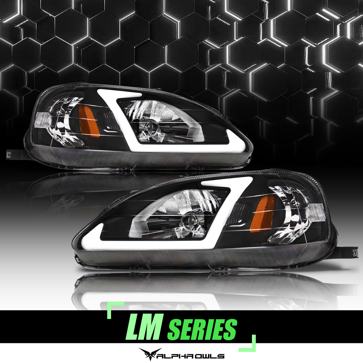 Alpha Owls 1999-2000 Honda Civic LM Series Headlights (Crystal Headlights Black Housing W/ LumenX Light Bar)