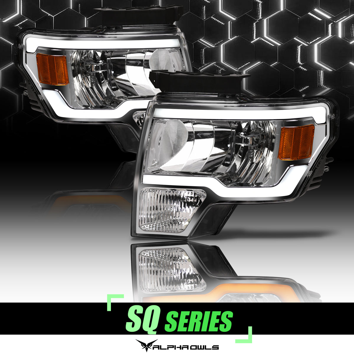 Alpha Owls 2009-2014 Ford F-150 SQ Series Headlights (Crystal Headlights Chrome Housing W/ Sequential Signal/LumenX Light Bar)