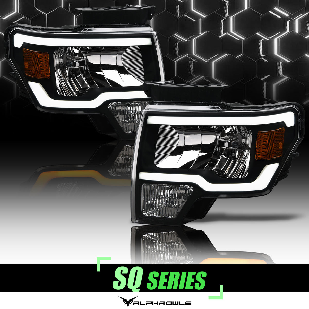 Alpha Owls 2009-2014 Ford F-150 SQ Series Headlights (Crystal Headlights Black Housing W/ Sequential Signal/LumenX Light Bar)