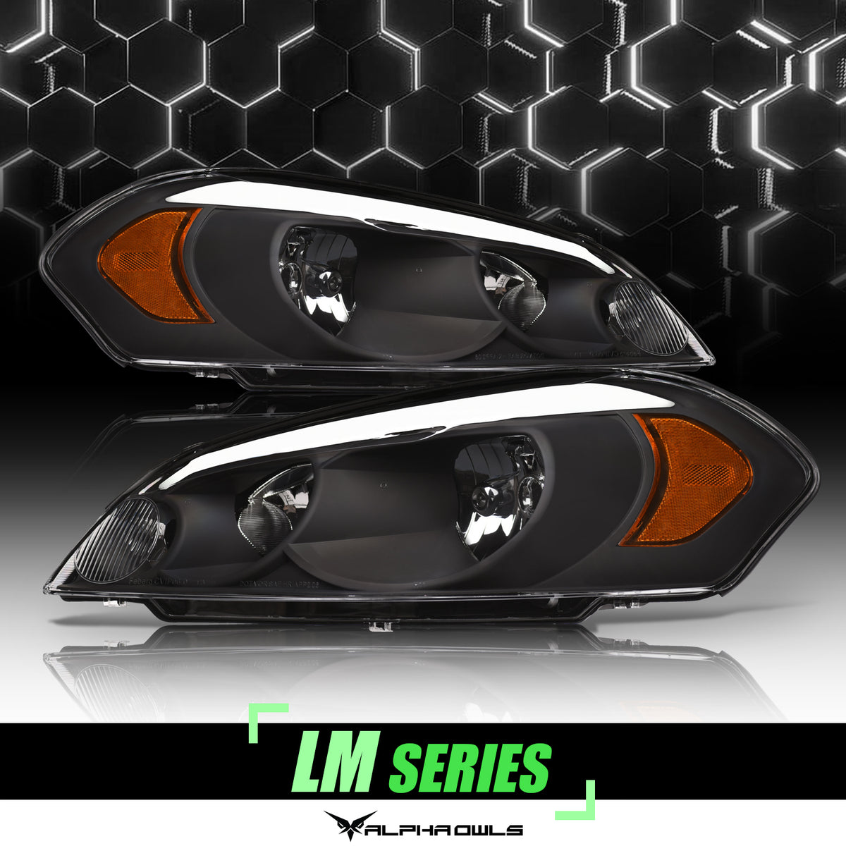 Alpha Owls 2006-2013 Chevy Impala LM Series Headlights (Crystal Headlights Black Housing W/ LumenX Light Bar)