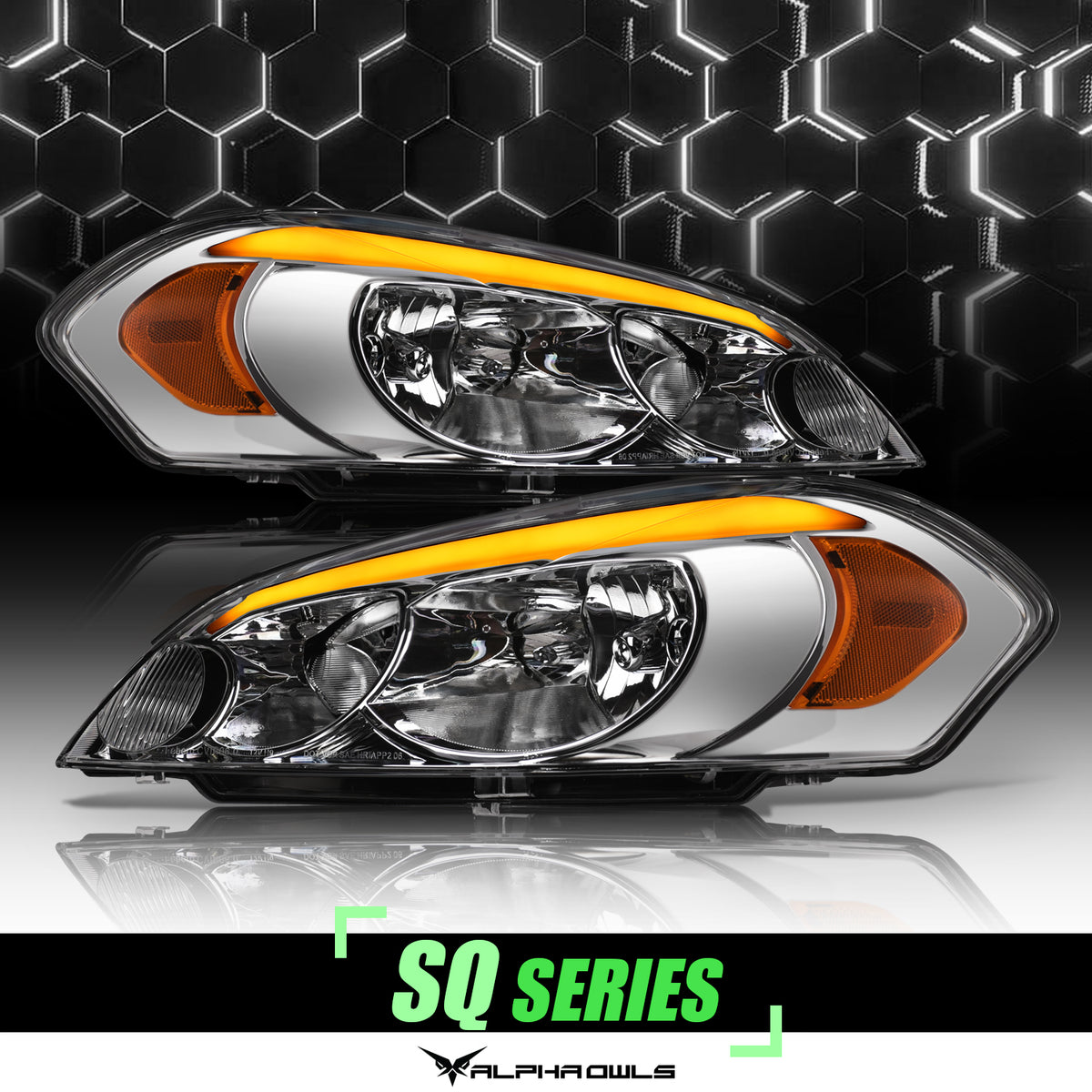 Alpha Owls 2006-2013 Chevy Impala SQ Series Headlights (Crystal Headlights Chrome Housing W/ Sequential Signal/LumenX Light Bar)