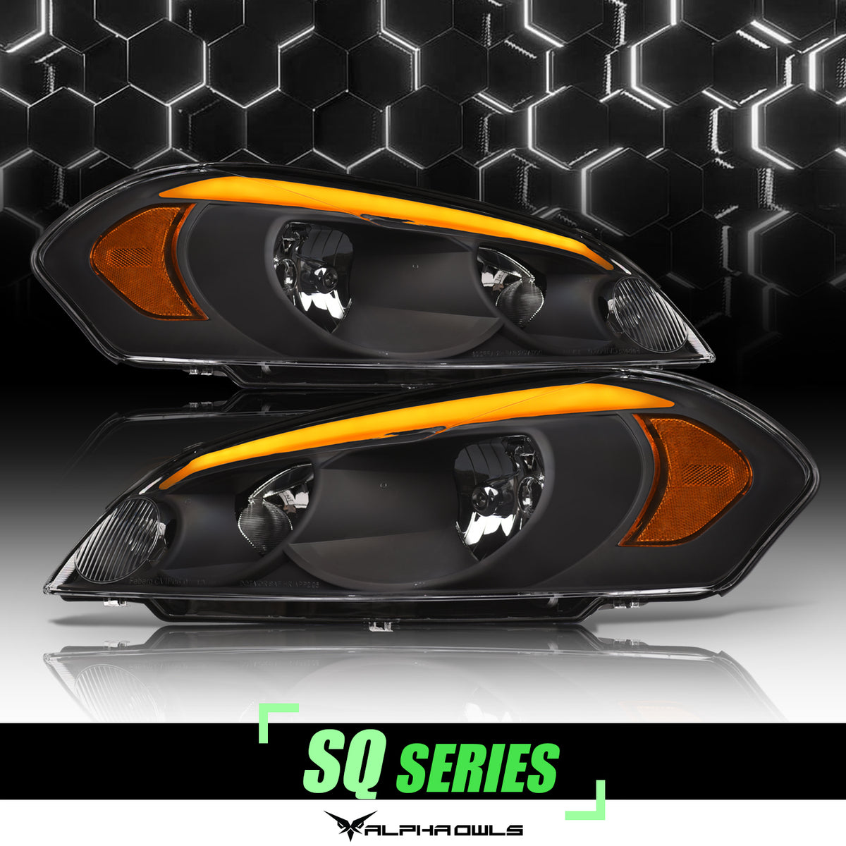 Alpha Owls 2006-2013 Chevy Impala SQ Series Headlights (Crystal Headlights Black Housing W/ Sequential Signal/LumenX Light Bar)