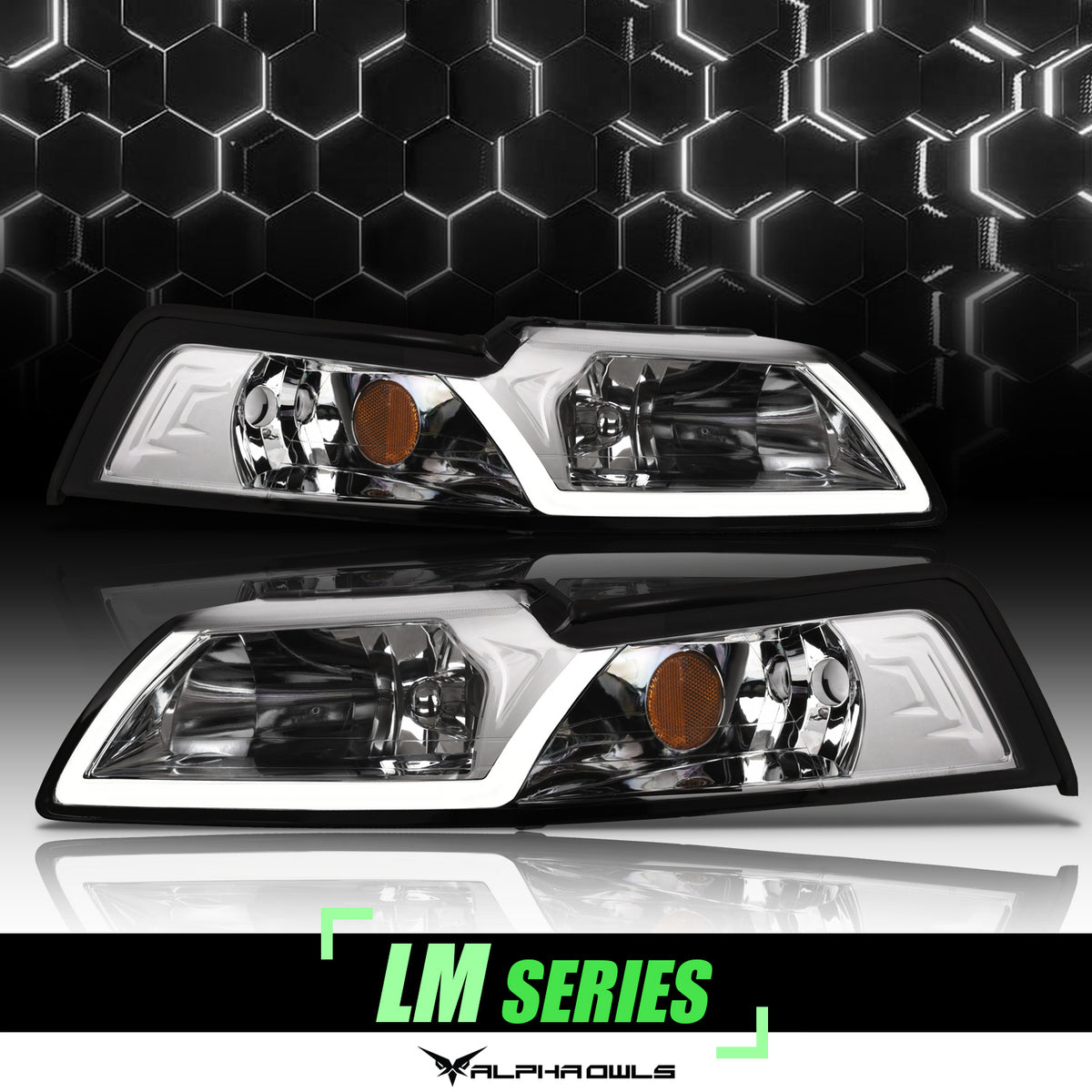 Alpha Owls 1999-2004 Ford Mustang LM Series Headlights (Crystal Headlights Chrome Housing W/ LumenX Light Bar)