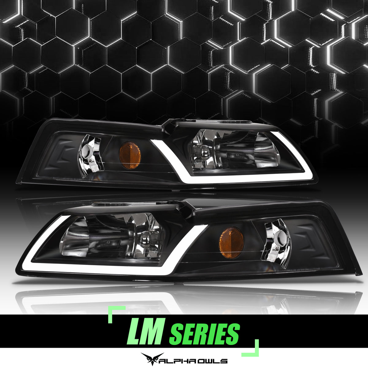 Alpha Owls 1999-2004 Ford Mustang LM Series Headlights (Crystal Headlights Black Housing W/ LumenX Light Bar)