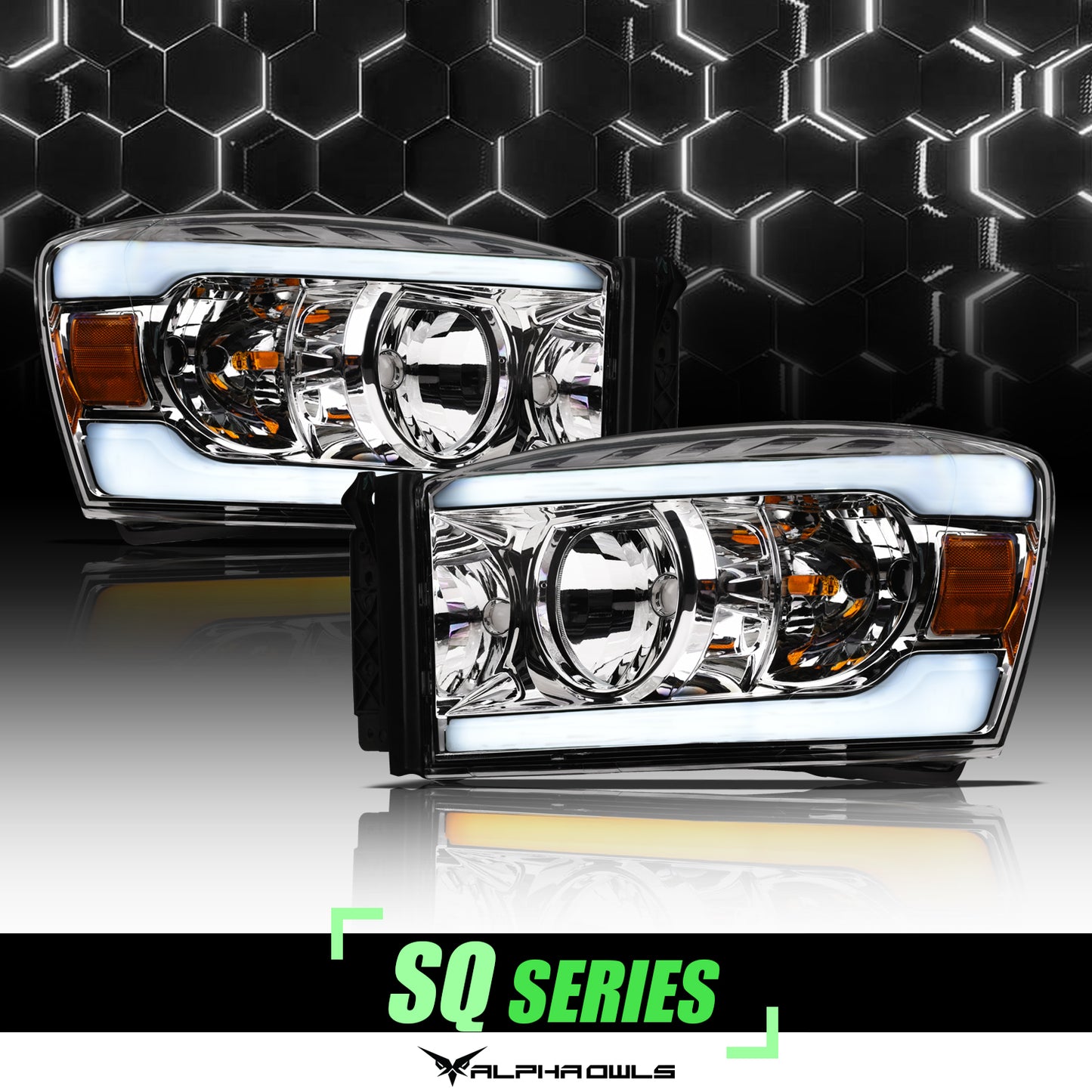 Alpha Owls 2006-2008 Dodge Ram SQ Series Headlights (Crystal Headlights Chrome Housing W/ Sequential Signal/LumenX Light Bar)