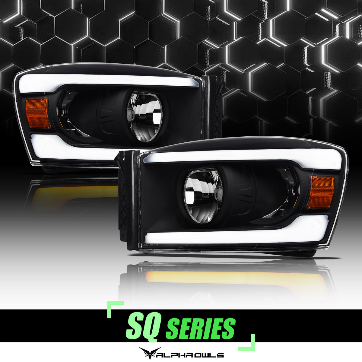 Alpha Owls 2006-2008 Dodge Ram SQ Series Headlights (Crystal Headlights Black Housing W/ Sequential Signal/LumenX Light Bar)