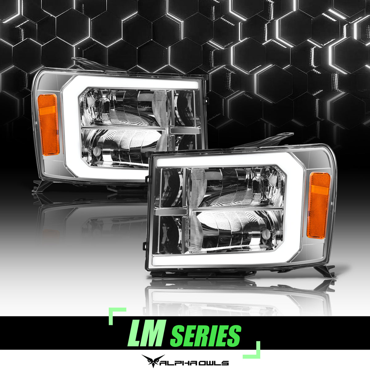 Alpha Owls 2007-2013 GMC Sierra LM Series Headlights (Crystal Headlights Chrome Housing W/ LumenX Light Bar)