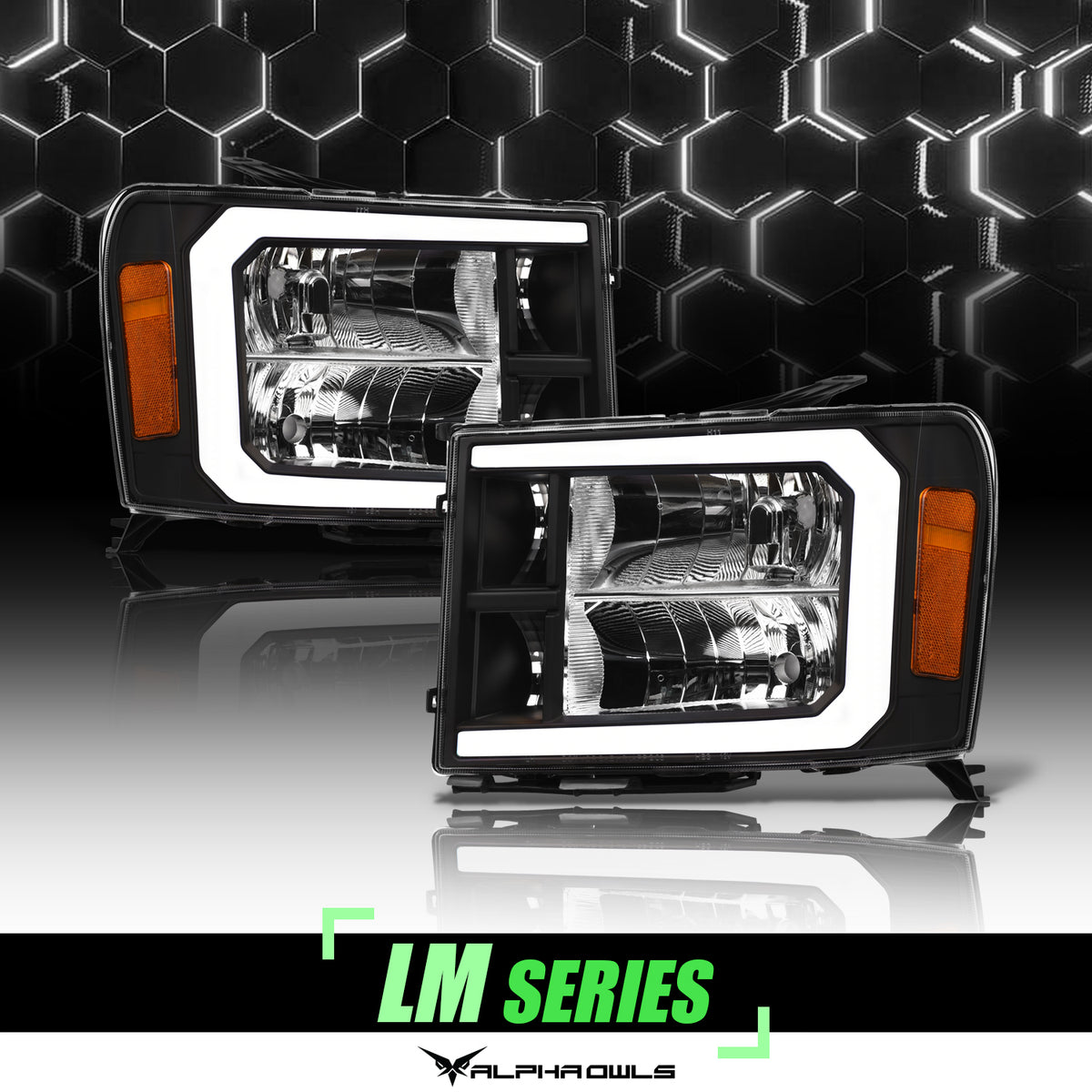Alpha Owls 2007-2013 GMC Sierra LM Series Headlights (Crystal Headlights Black Housing W/ LumenX Light Bar)