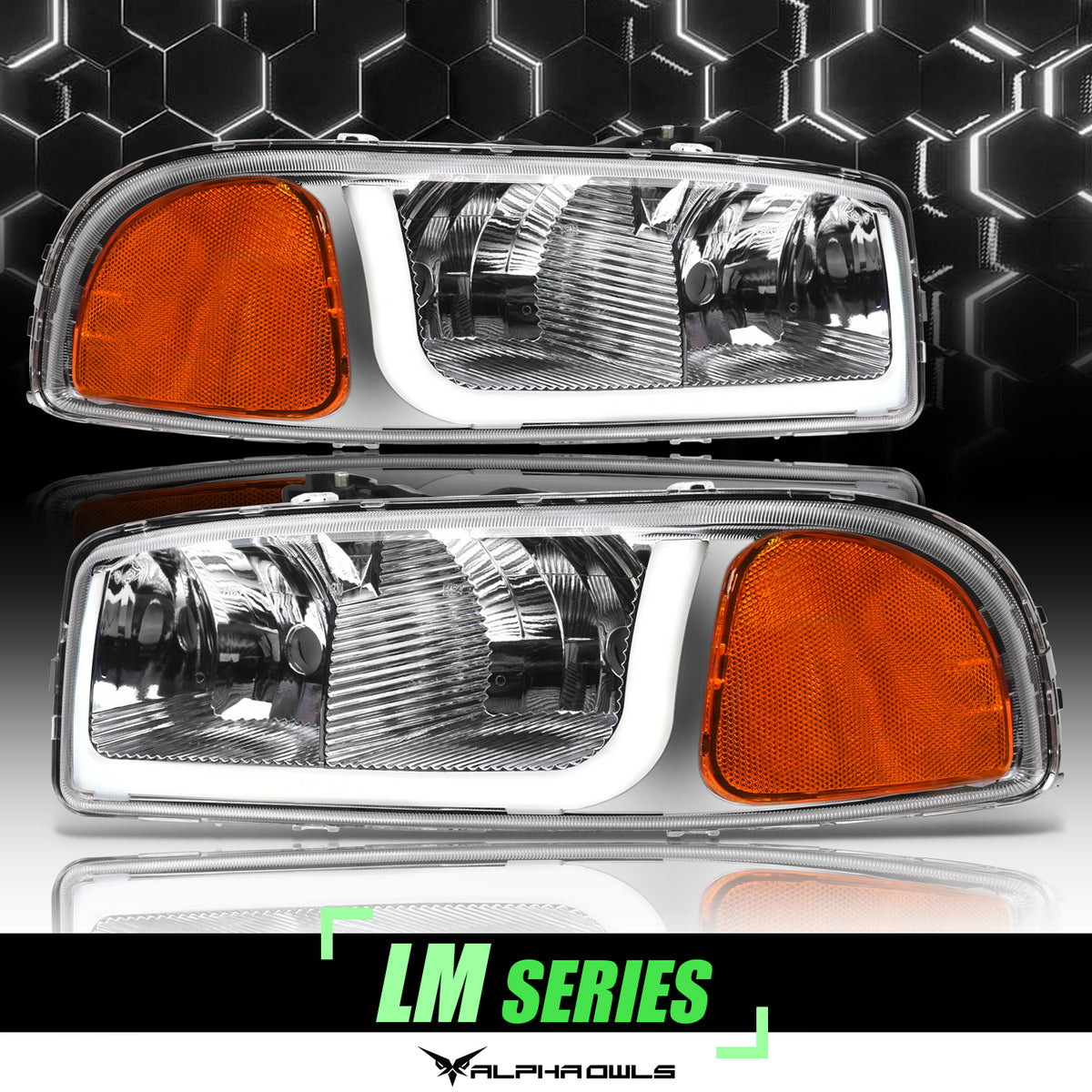 Alpha Owls 1999-2006 GMC Sierra/Yukon LM Series Headlights (Crystal Headlights Chrome Housing W/ LumenX Light Bar)