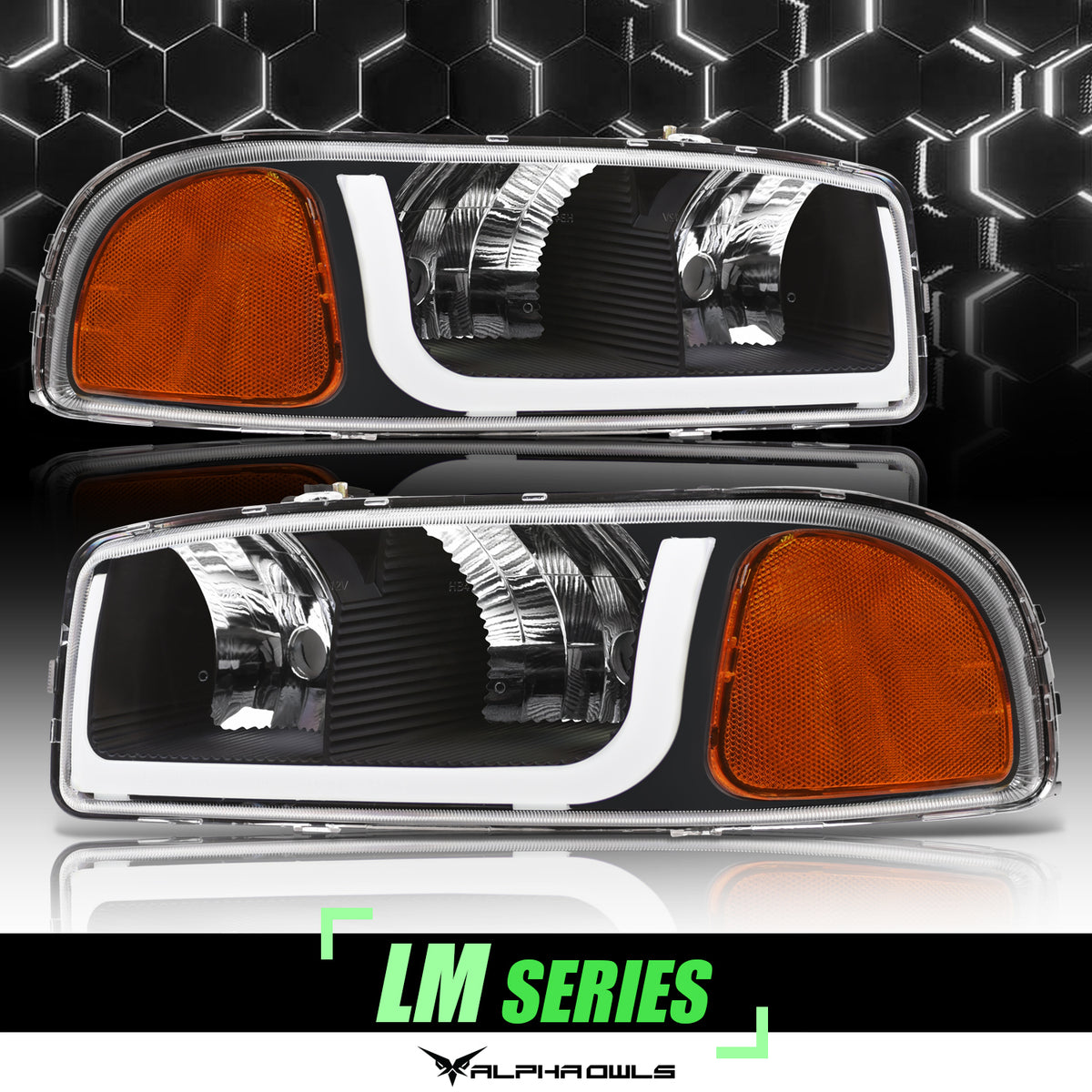 Alpha Owls 1999-2006 GMC Sierra/Yukon LM Series Headlights (Crystal Headlights Black Housing W/ LumenX Light Bar)