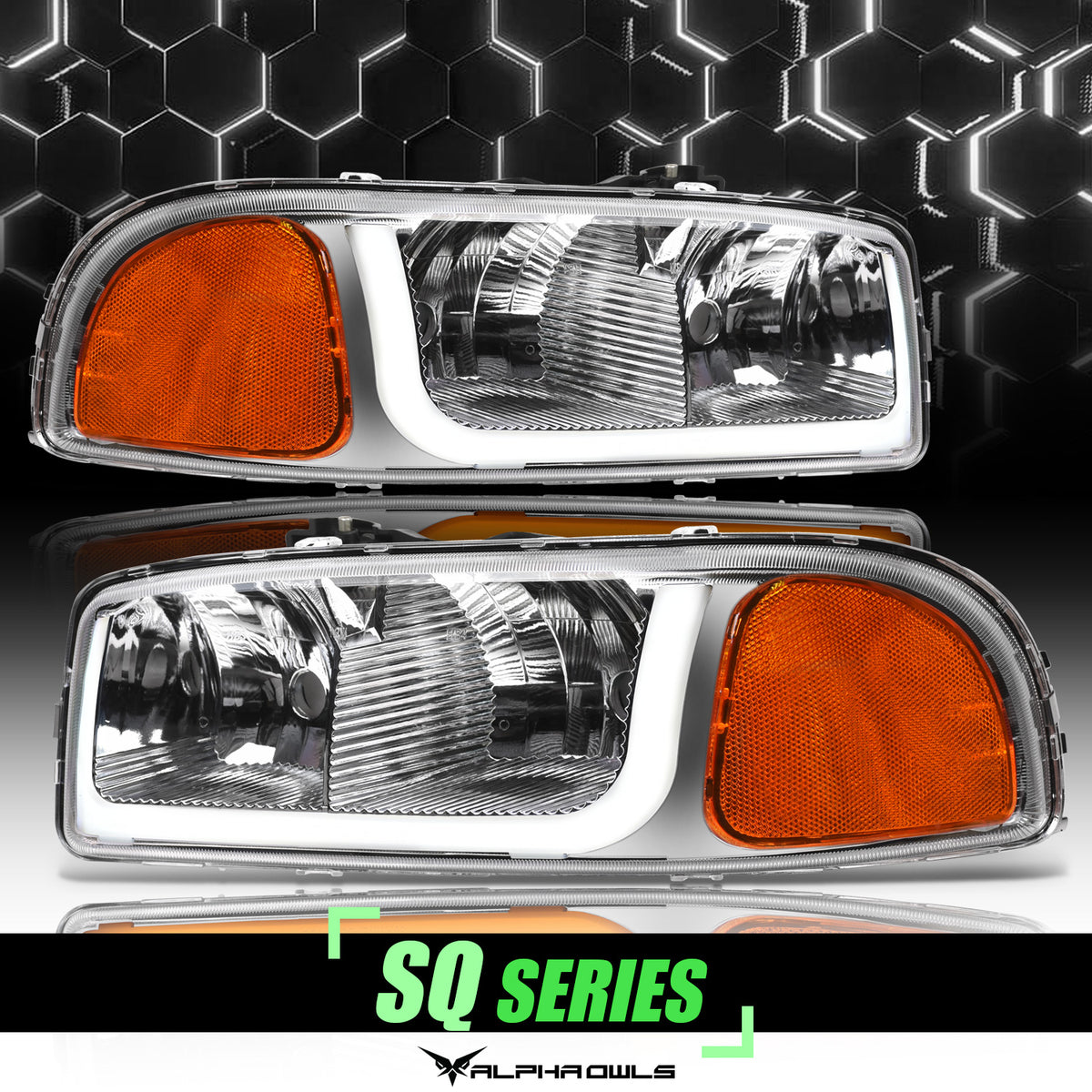 Alpha Owls 1999-2006 GMC Sierra/Yukon SQ Series Headlights (Crystal Headlights Chrome Housing W/ Sequential Signal/LumenX Light Bar)