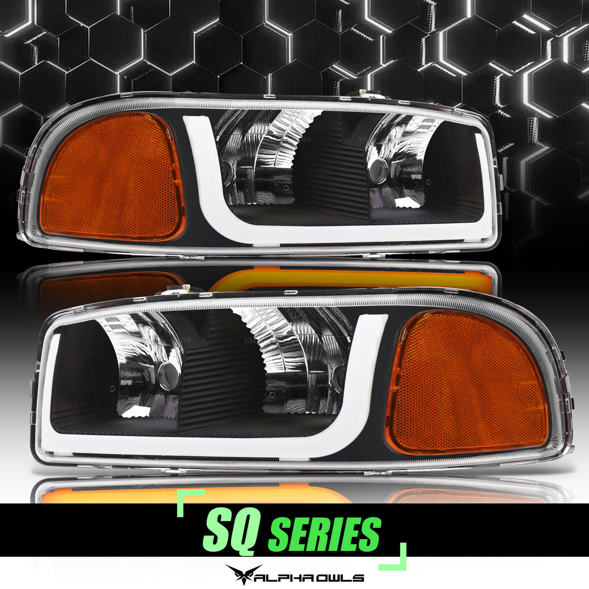 Alpha Owls 1999-2006 GMC Sierra/Yukon SQ Series Headlights (Crystal Headlights Black Housing W/ Sequential Signal/LumenX Light Bar)