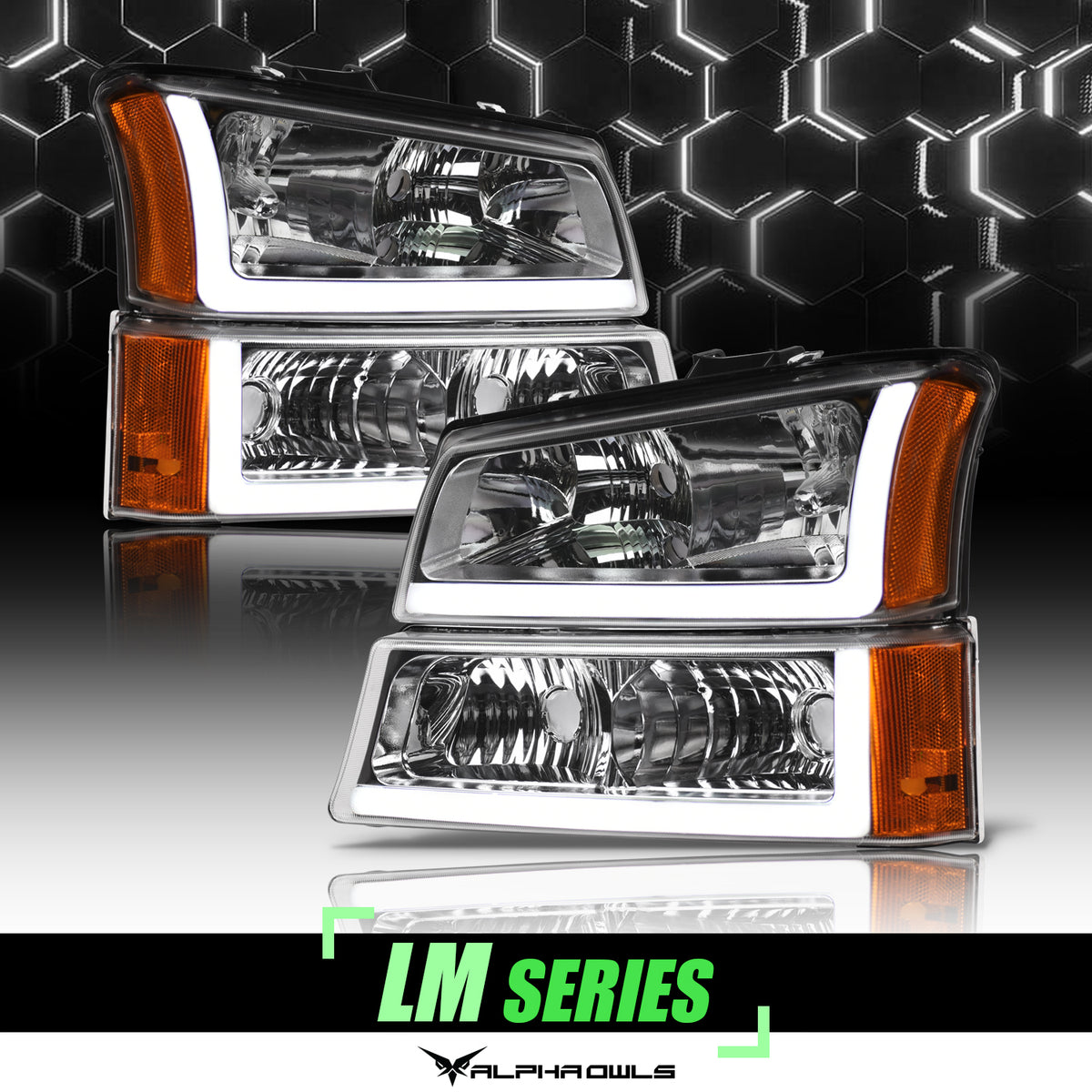 Alpha Owls 2003-2007 Chevy Silverado LM Series Headlights (Crystal Headlights Chrome Housing W/ LumenX Light Bar)