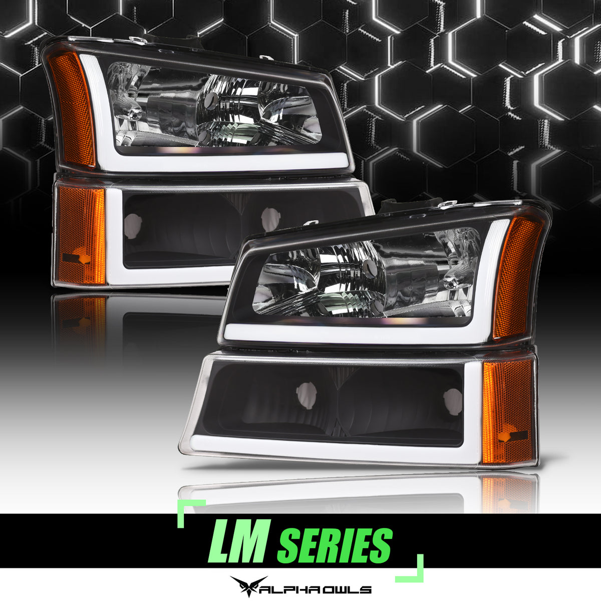 Alpha Owls 2003-2007 Chevy Silverado LM Series Headlights (Crystal Headlights Black Housing W/ LumenX Light Bar)