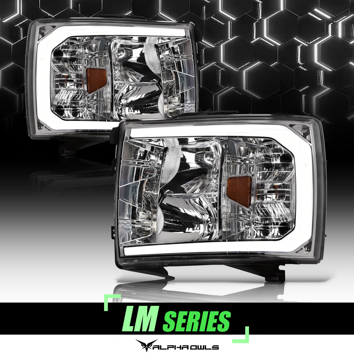 Alpha Owls 2007-2013 Chevy Silverado 1500 LM Series Headlights (Crystal Headlights Chrome Housing W/ LumenX Light Bar)
