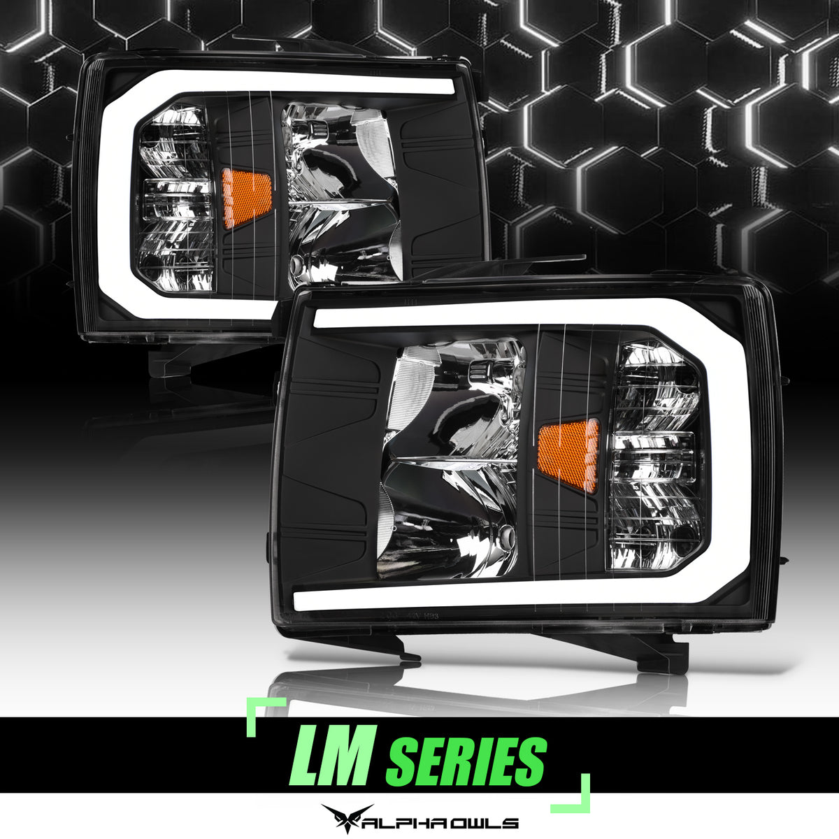 Alpha Owls 2007-2013 Chevy Silverado 1500 LM Series Headlights (Crystal Headlights Black Housing W/ LumenX Light Bar)