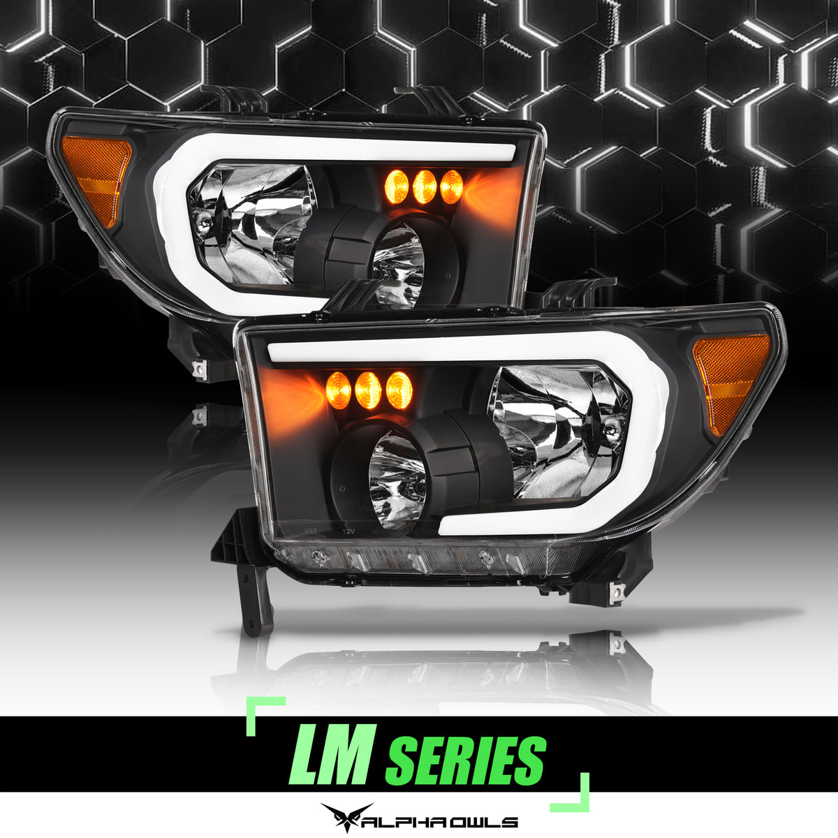 Alpha Owls 2007-2013 Toyota Tundra LM Series Headlights (Crystal Headlights Black Housing W/ LumenX Light Bar)