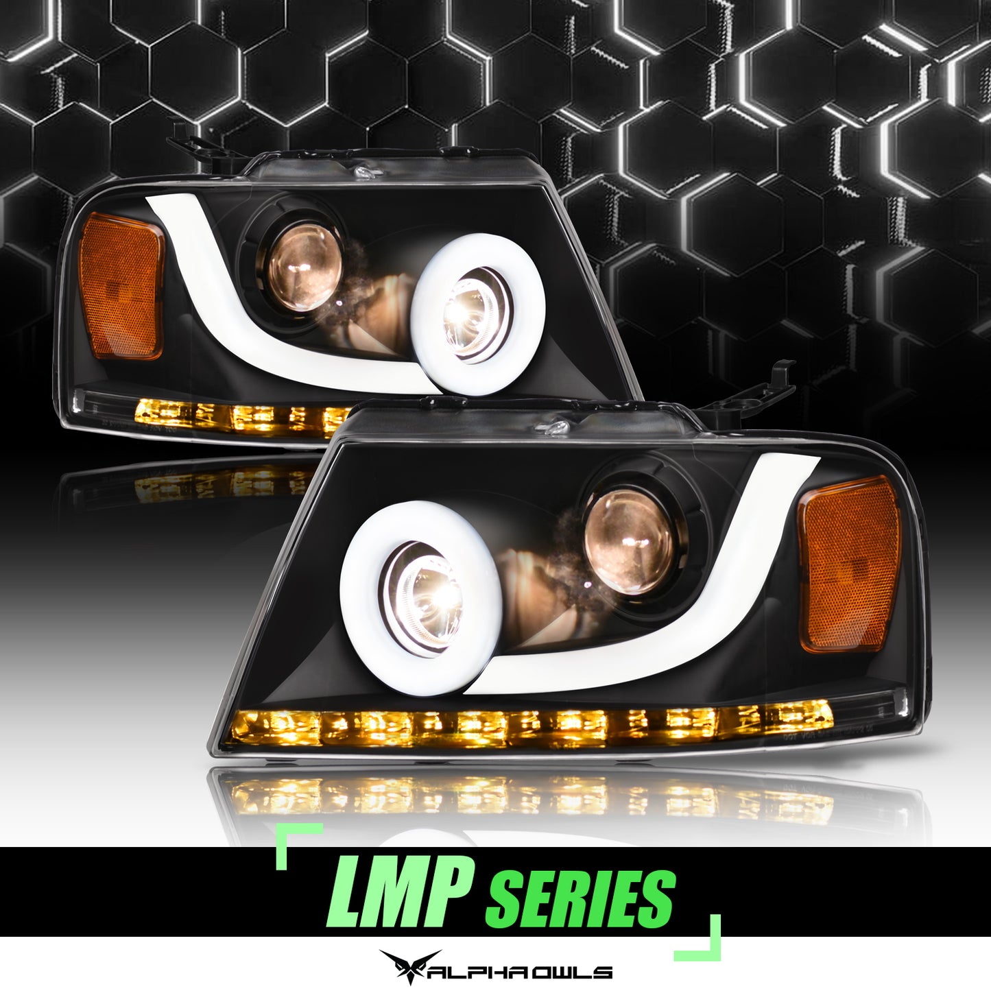 Alpha Owls 2004-2008 Ford F-150 LMP Series Headlights (Halogen Projector Black Housing W/ LumenX Light Bar)