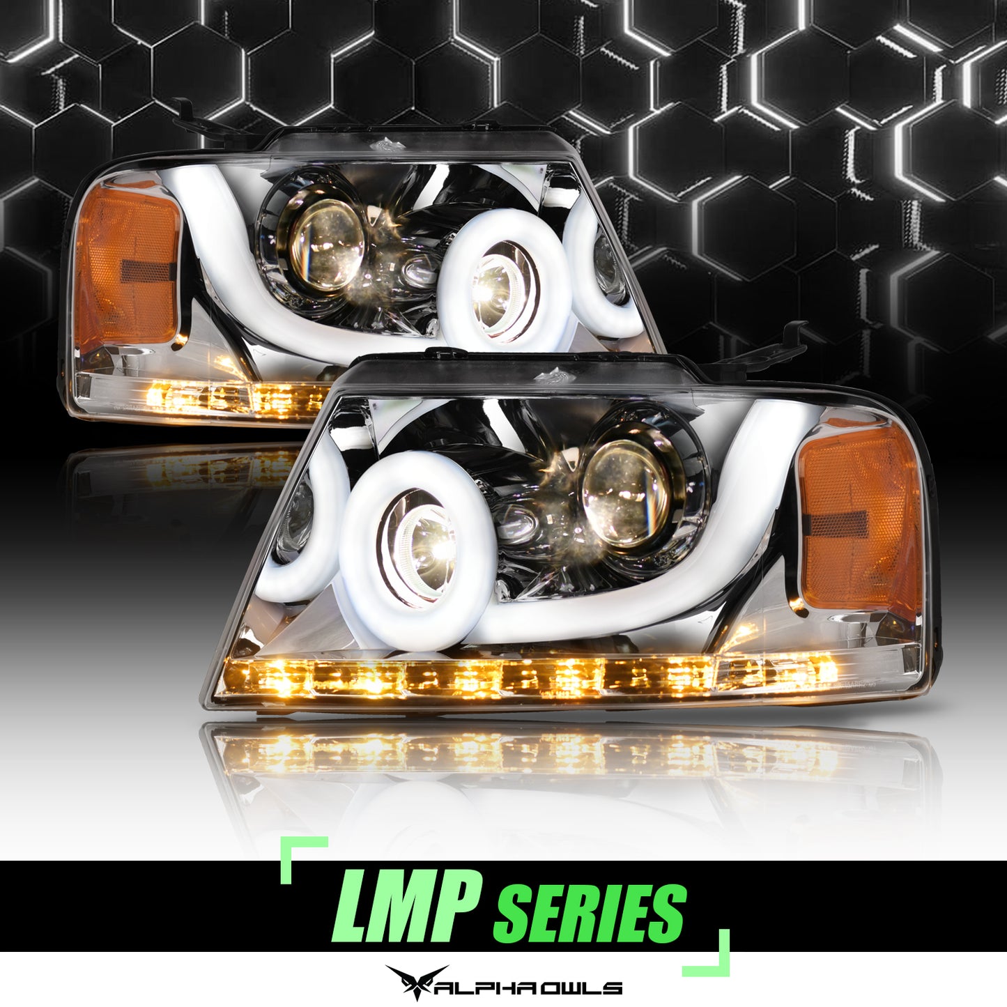Alpha Owls 2004-2008 Ford F-150 LMP Series Headlights (Halogen Projector Chrome Housing W/ LumenX Light Bar)