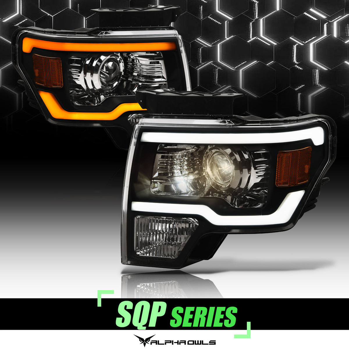 Alpha Owls 2009-2014 Ford F-150 SQP Series Headlights (Halogen Projector Black Housing W/ Sequential Signal/LumenX Light Bar)