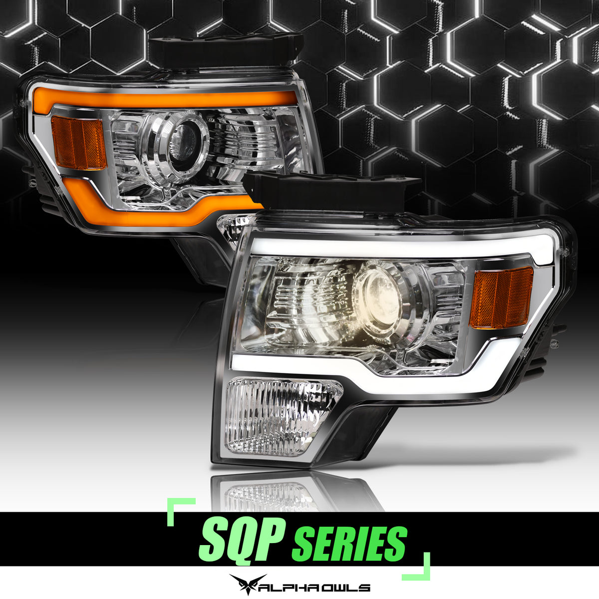 Alpha Owls 2009-2014 Ford F-150 SQP Series Headlights (Halogen Projector Chrome Housing W/ Sequential Signal/LumenX Light Bar)