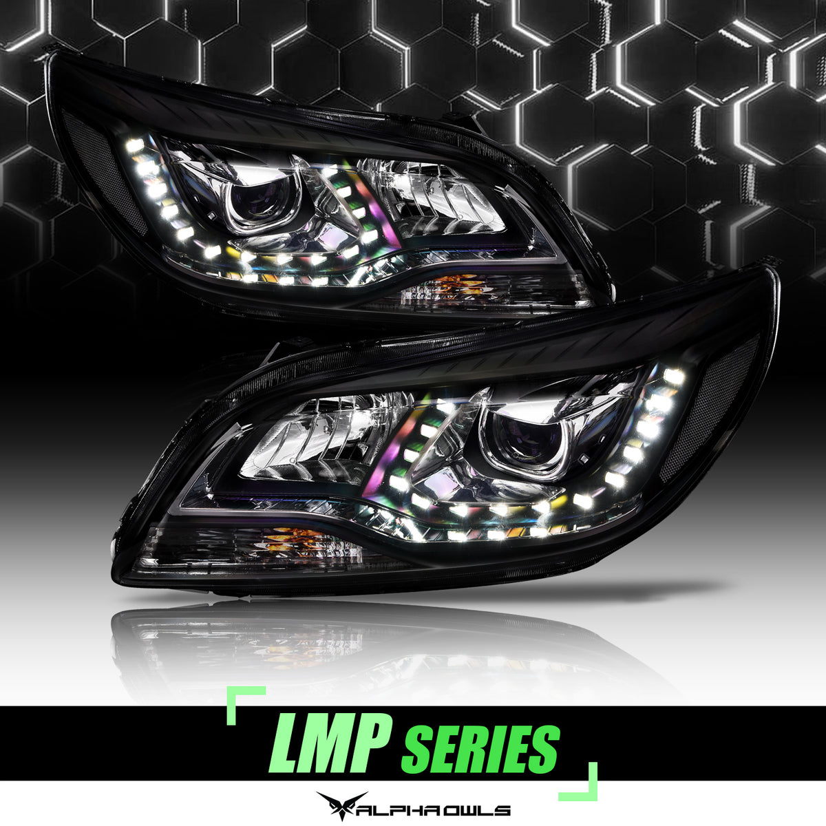 Alpha Owls 2012-2015 Chevy Malibu LMP Series Headlights (Halogen Projector Black Housing W/ LumenX Light Bar)