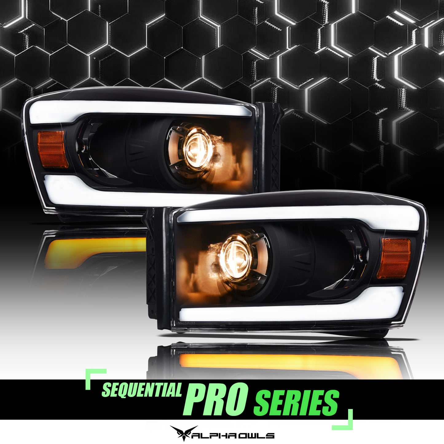 Alpha Owls 2006-2008 Dodge Ram SQP Series Headlights (Halogen Projector Black Housing W/ Sequential Signal/LumenX Light Bar)