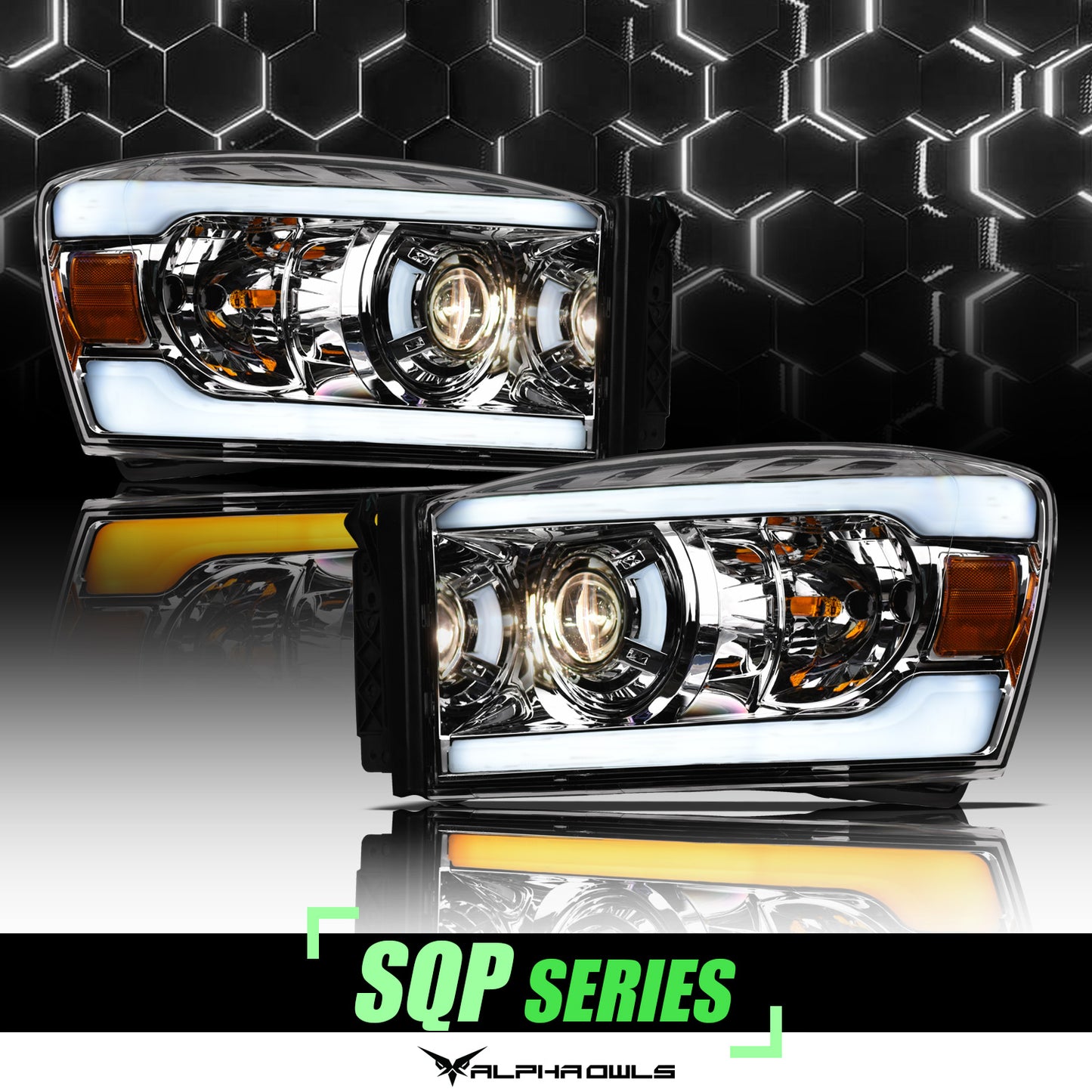 Alpha Owls 2006-2008 Dodge Ram SQP Series Headlights (Halogen Projector Chrome Housing W/ Sequential Signal/LumenX Light Bar)