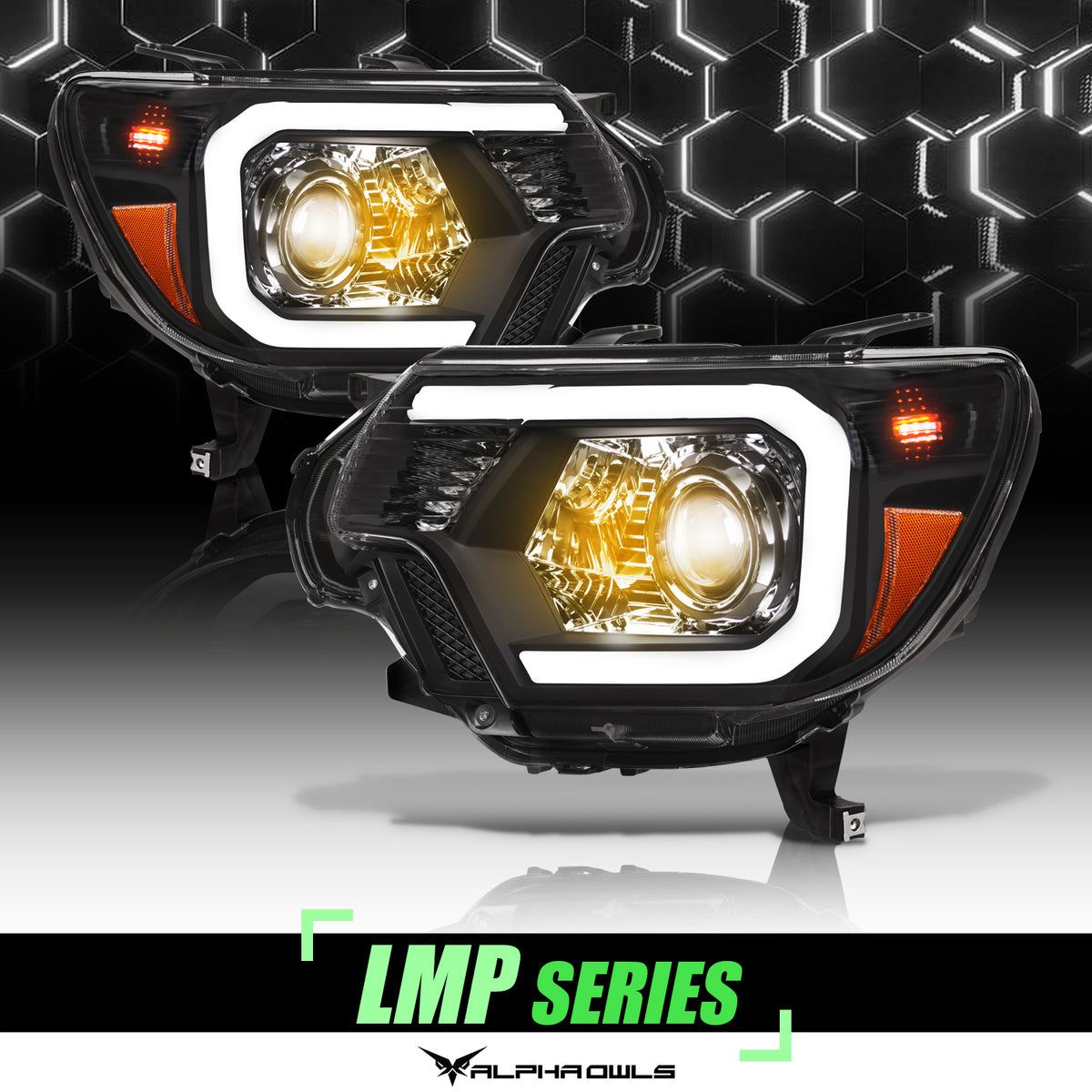 Alpha Owls 2012-2015 Toyota Tacoma LMP Series Headlights (Halogen Projector Black Housing W/ LumenX Light Bar)