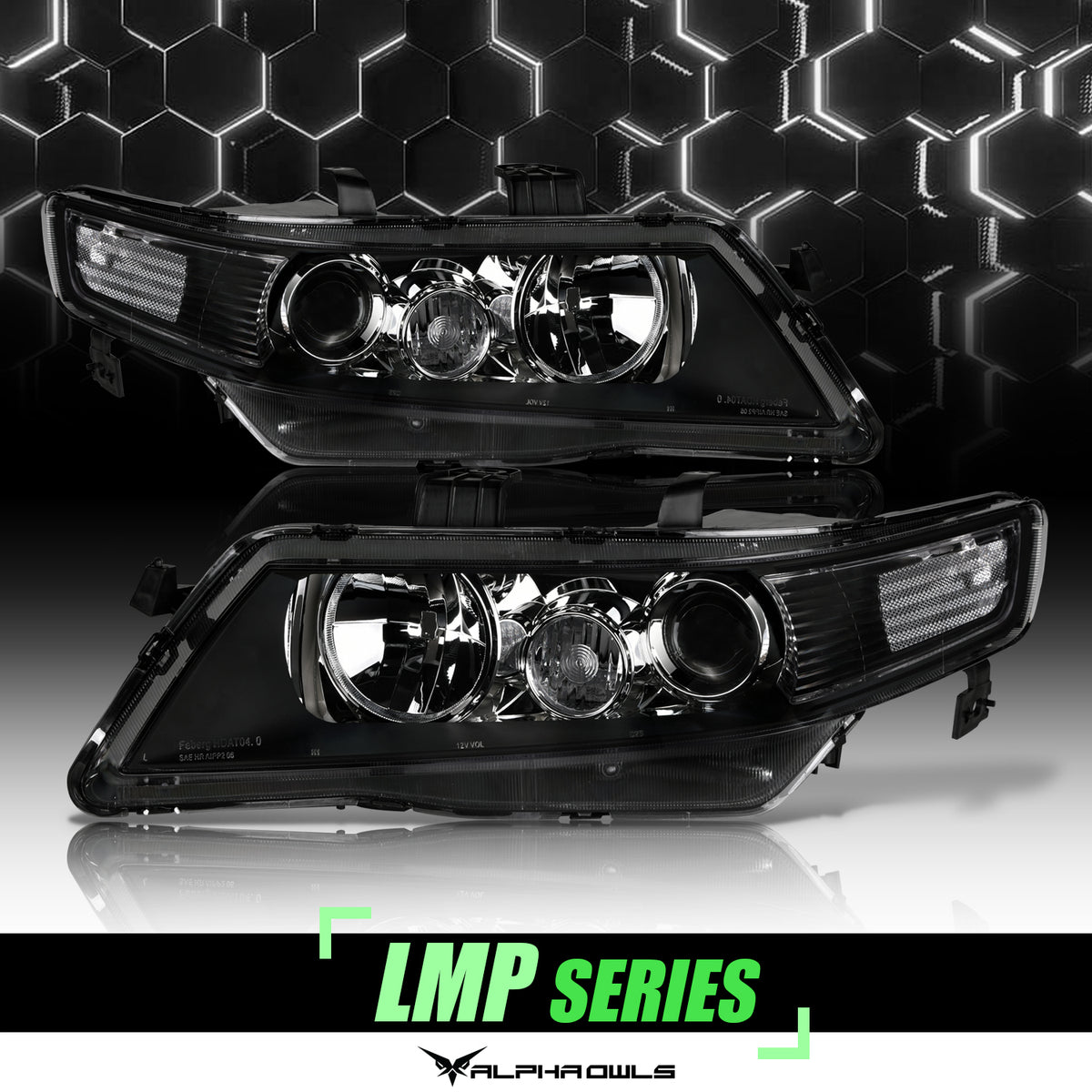 Alpha Owls 2004-2005 Acura TSX LMP Series Headlights (Halogen Projector Black Housing W/ LumenX Light Bar)