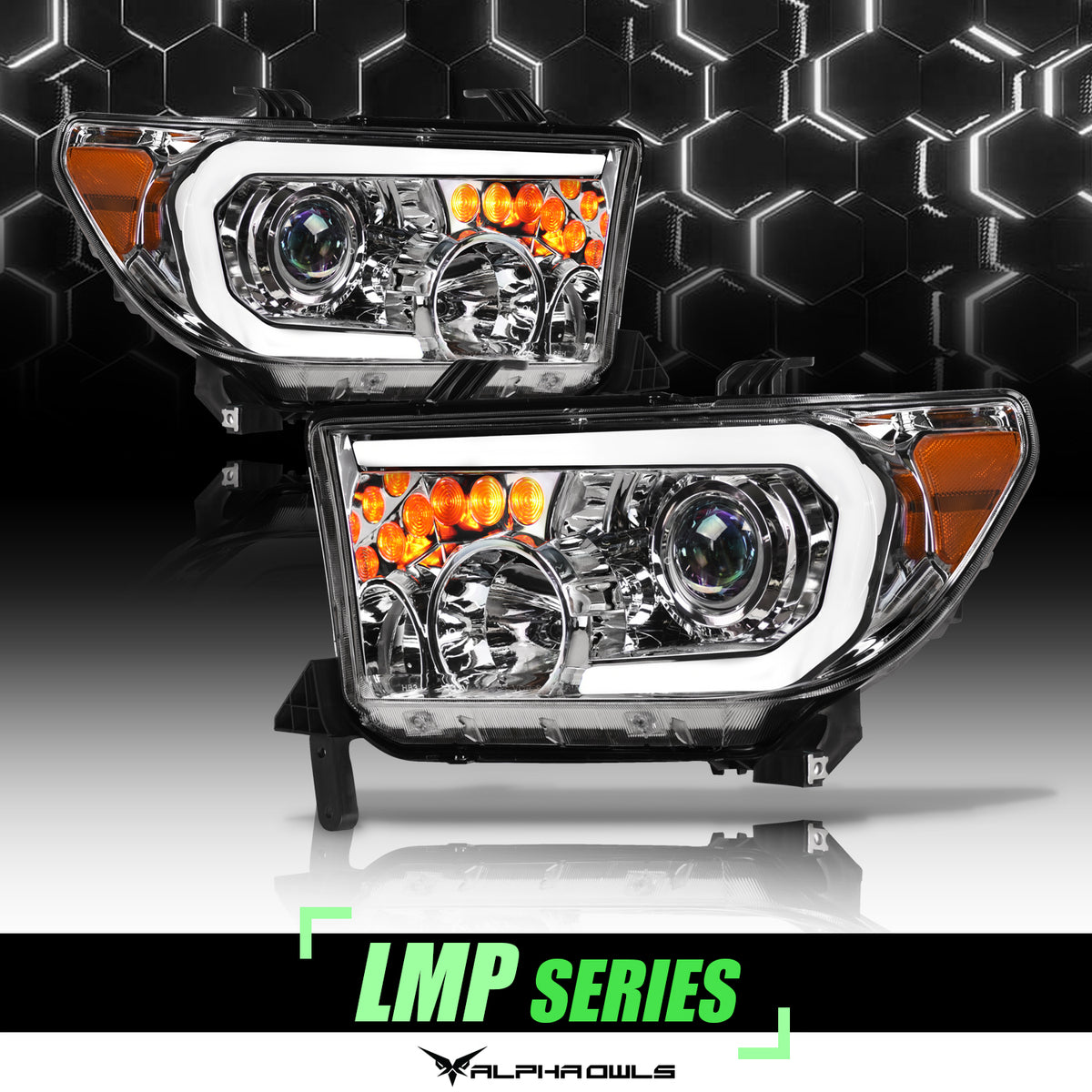 Alpha Owls 2007-2013 Toyota Tundra LMP Series Headlights (Halogen Projector Black Housing W/ LumenX Light Bar)